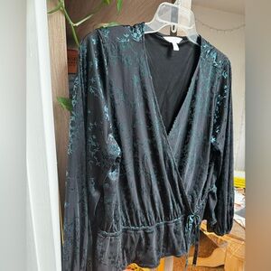 LC Lauren Conrad Teal Velvet and Black Faux Wrap Blouse
